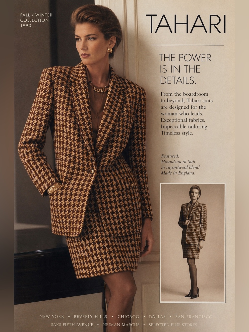 Vintage Tahari Made in England Chocolate Houndstooth Wool Blend Skirt Suit